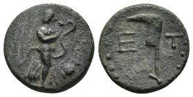 PISIDIA. Etenna. Ae (14mm, 3.1 g) (1st century BC). Obv: Female figure advancing right, head left, holding serpent; tilted amphora to left. Rev: ET. H...