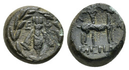 IONIA, Ephesos. Circa 50-27 BC. Æ (12mm, 2.8 g). uncertain magistrate. Bee with straight wings within wreath / Stag standing right, head left; torch a...