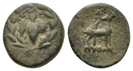 IONIA. Ephesos. Ae (14mm, 2.6 g) (Circa 50-27 BC). Python, magistrate. Obv: E - Φ. Bee within laurel wreath. Rev: ΠYΘΩN. Stag standing right, head lef...