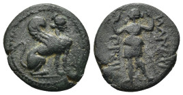PAMPHYLIA, Perge. Circa 260-230 BC. Æ (17mm, 2.6 g). Sphinx seated right, wearing kalathos / Artemis standing left, holding wreath and scepter.