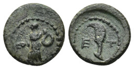 PISIDIA. Etenna. Ae (12mm, 1.3 g) (1st century BC). Obv: Nymph advancing right, head left, holding serpent; vase to left. Rev: E - T . Sickle-shaped k...