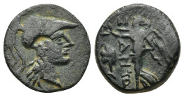 PAMPHYLIA, Side. Circa 1st Century BC. Æ (15mm, 3.9 g). Head of Athena right, wearing Corinthian helmet / Nike advancing left, holding wreath; pomegra...