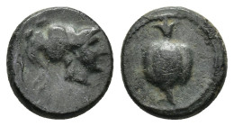 PAMPHYLIA. Side. Ae (10mm, 1.4 g) (1st century BC). Obv: Helmeted bust of Athena right Rev: Pomegranate.