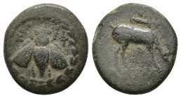 Ionia. Ephesos . uncertain magistrate circa 190-150 BC. Bronze Æ (16mm, 3.2 g). Ε-Φ, bee within wreath / Stag grazing right, quiver above.