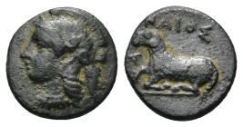 IONIA. Klazomenai. Ae (12mm, 1.4 g) (Circa 386-301 BC). Anaios, magistrate. Obv: Head of Athena left, wearing Attic helmet and necklace. Rev: ANAIOΣ. ...