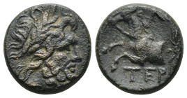 Pisidia. Termessos 100-0 BC. Bronze Æ (16mm, 5.3 g). Laureate head of Zeus right / TEP, forepart of horse left; ΛΕ (dated CY 35=38 BC) above, thunderb...