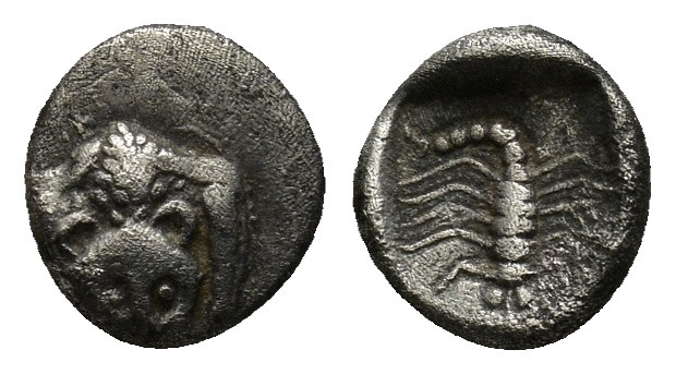 Caria. Mylasa circa 450-400 BC. Hemiobol AR (8mm, 0.5 g). Facing forepart of a l...