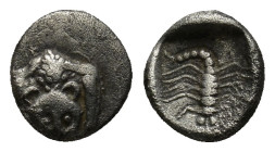 Caria. Mylasa circa 450-400 BC. Hemiobol AR (8mm, 0.5 g). Facing forepart of a lion / Scorpion.
