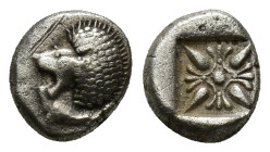 IONIA. Miletus. Ca. late 6th-5th centuries BC. AR obol (8mm, 1.0 g). Milesian standard. Forepart of roaring lion right, head reverted / Stellate flora...