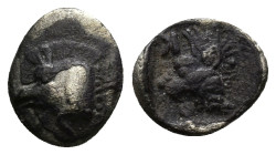 Mysia, Kyzikos AR Obol. (8mm, 0.6 g) Circa 450-400 BC. Forepart of boar to left, tunny upward to right / Head of roaring lion to left; retrograde K to...