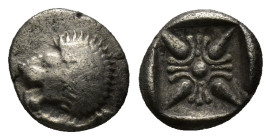IONIA. Miletus. Ca. late 6th-5th centuries BC. AR obol (8mm, 0.8 g). Milesian standard. Forepart of roaring lion right, head reverted / Stellate flora...