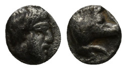 Caria. Euromos circa 400 BC. Hemiobol AR (6mm, 0.4 g). Laureate, bearded head right. / Forepart of boar right.