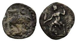 Lycaonia. Laranda circa 324-323 BC. Obol AR (9mm, 0.4 g). Forepart of wolf right, inverted crescent above / Baaltars seated left, holding grain ear, g...