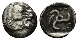 Dynasts of Lykia, Mithrapata AR Diobol. (12mm, 1.1 g) Circa 425-360 BC. Facing lion's scalp / Triskeles, dolphin and Lykian script around; all within ...