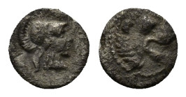 Pamphylia, Side AR Obol (6mm, 0.1 g) ca. 400-380 BC. Helmeted head of Athena right. / Head of lion right.