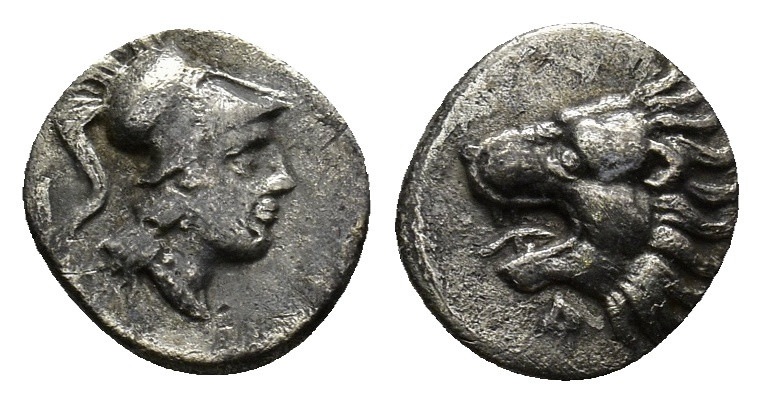 PAMPHYLIA. Side. (3rd-2nd centuries BC). AR Obol. (9mm, 0.7 g) Obv: Helmeted hea...