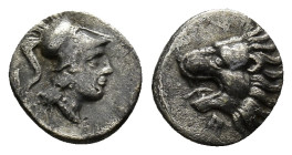 PAMPHYLIA. Side. (3rd-2nd centuries BC). AR Obol. (9mm, 0.7 g) Obv: Helmeted head of Athena right. Rev: Head of lion left with open mouth.