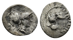 Pamphylia, Side AR Obol (11mm, 0.5 g) ca. 400-380 BC. Helmeted head of Athena right. / Head of lion left.