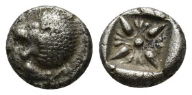 IONIA. Miletus. Ca. late 6th-5th centuries BC. AR obol (8mm, 1.0 g). Milesian standard. Forepart of roaring lion right, head reverted / Stellate flora...