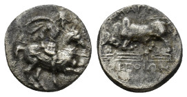 IONIA. Magnesia ad Meandrum. Ca. 350-325 BC. AR hemidrachm (12mm, 1.4 g). Pitoiun(?)-, as magistrate. Helmeted and cuirassed warrior, on prancing hors...