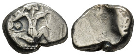 Achaemenid Persia. c. 485 BC. AR siglos (5.5 Gr. 16mm.)
 Great King running right, holding transverse spear in right hand and bow in left.
Rev. Irregu...