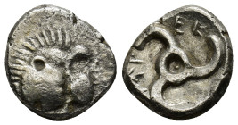 DYNASTS of LYCIA. Perikles 380-362 BC, Tetrobol (2.8 Gr. 13mm) 
Facing head of lion. 
Rev. triskeles