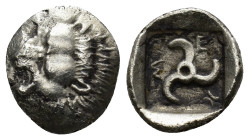 LYCIA, Dynasts of. Mithrapata. Circa 380-375 BC. AR 1/6th Stater (1.3 Gr. 13mm). 
Facing lion's scalp 
Rev. Triskeles
