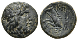 PISIDIA, Termessos. 1st century BC. AE. (4.8 Gr. 18mm). 
 Laureate head of Zeus right 
Rev. Forepart of horse left; KH (date) above, thunderbolt behin...