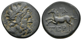 Pisidia, Termessus Major. 1st century B.C. AE (5.4 Gr. 18mm). 
Laureate head of Zeus right 
Rev. TEP, horse prancing left, ethnic beneath; A above.