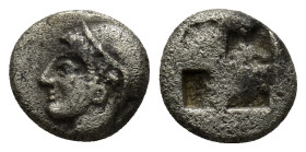 IONIA. Phokaia. Diobol (Circa 521-478 BC). (1.1 Gr. 10mm)
Archaic female head left, wearing earring and helmet or close fitting cap.
Rev: Quadripartit...