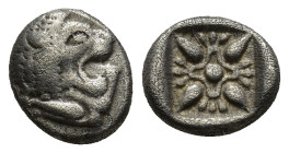 IONIA. Miletos. (Late 6th-early 5th centuries BC). Obol or Hemihekte. (1.1 Gr. 10mm)
Forepart of lion right, head left.
 Rev. Stellate floral design; ...