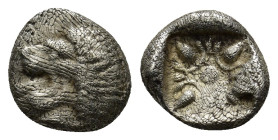 IONIA. Miletus. Ca. late 6th-5th centuries BC. AR obol (1.1 Gr. 9mm).
 Forepart of roaring lion right, head reverted 
Rev. Stellate floral pattern wit...