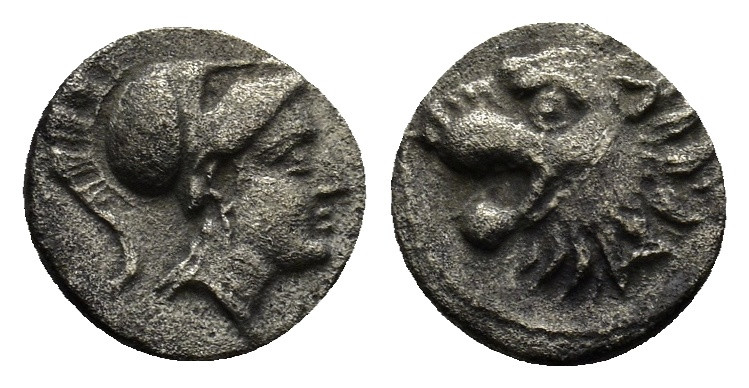 PAMPHYLIA. Side. (3rd-2nd centuries BC). AR Obol. (0.6 Gr. 9mm) 
 Helmeted head ...