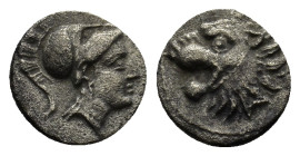 PAMPHYLIA. Side. (3rd-2nd centuries BC). AR Obol. (0.6 Gr. 9mm) 
 Helmeted head of Athena right. 
Rev: Head of lion left with open mouth.