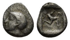 Pamphylia. Aspendos 465-430 BC. Obol AR (0.7 Gr. 7mm.) 
Helmeted head of Athena left.
Rev. Triskeles; in fields: E and pellet, within incuse square