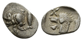 Mysia, Kyzikos AR Hemiobol. (0.4 Gr. 10mm) Circa 450-400 BC.
 Forepart of boar left; tunny upward to right 
Rev. Head of roaring lion left, with star ...