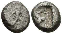 Pamphylia. Aspendos circa 465-430 BC. Stater AR (10.4 Gr. 19mm.) 
Helmeted, nude hoplite advancing right, holding spear in right hand and round shield...