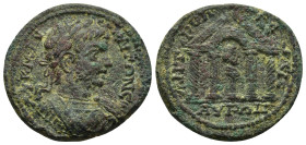 CILICIA, Isaura. Caracalla. 198-217 AD. Æ (26mm, 10.5 g). Laureate and cuirassed bust right, drapery on shoulder, aegis on cuirass / Tetrastyle temple...