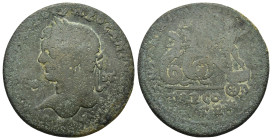 CILICIA, Tarsus. Caracalla. AD 198-217. Æ (32mm, 17.5 g). Laureate bust left, aegis on front shoulder. / Emperor as Triptolemus, sowing seeds from see...