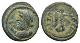 PAMPHYLIA. Attalea. Psuedo-autonomous. Time of Marcus Aurelius (161-180). Ae. (15mm, 2.2 g) Obv: Diademed and draped bust of Poseidon left; dolphin-en...