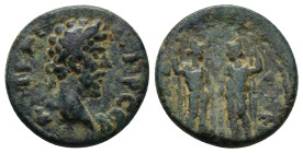 PISIDIA, Adada. Lucius Verus. AD 161-180 AE (18mm, 4.6 g) ΑVΤ ΚΑΙ ΟVΗΡ ϹƐΒ; laureate head of Lucius Verus, r.. ΑΔΑΔƐΩΝ; nude Dioscuri standing, facing...