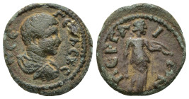 Pamphilia, Perge, Geta 198-212 AD, AE (3.2 Gr. 19mm)
 Bare and draped bust of Geta right. 
Rev. Artemis advacing right, holding bow and torch.