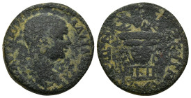 COMMAGENE , Zeugma. Elagabalus. AD 218-222. Æ (25mm, 10.0 g). Laureate head right / Tetrastyle temple of Zeus(?) with peribolos containing grove of tr...