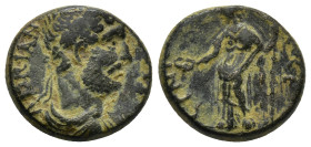 PISIDIA. Cremna. Hadrian (117-138). Ae. (17mm, 5.5 g) Obv: ADRIANVS AVGVSTVS. Laureate and draped bust right. Rev: GENIO COL CRE. Genius standing left...