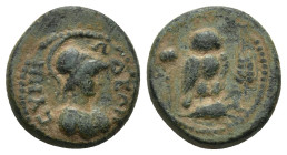 PHRYGIA. Synnada. Pseudo-autonomous (2nd century). Ae. (14mm, 3.1 g) Obv: ϹΥΝΝΑΔΕΩΝ. Helmeted bust of Athena right, wearing aegis. Rev: Owl, with head...