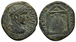 PAMPHYLIA. Perge. Elagabalus, 218-222. AE. (24mm, 8.4 g) Radiate, draped, and cuirassed bust of Elagabalus to right. Rev. Distyle temple containing cu...
