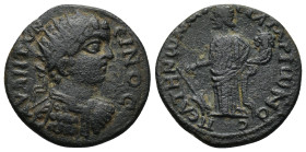 PHRYGIA Peltae. Caracalla (198-217). Ae. (22mm, 5.8 g) T. Mar. Tat. Arionos, strategos. Obv: AV M ANTΩNЄINOC - radiate, draped and cuirassed bust righ...