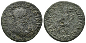 Pamphylia, Side. AD 270-275. AE (27mm, 12.4 g) Radiate, draped and cuirassed bust to right; / Apollo standing facing, head to left, holding patera and...