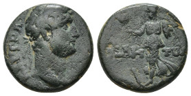Pamphylia, Side. Hadrian (117-138). Æ (18mm, 5.2 g). Laureate head r. R/ Athena advancing l., holding pomegranate and shield; serpent at feet.