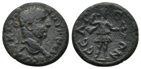 Pisidia. Selge . Caracalla AD 198-217. Bronze Æ (18mm, 4.0 g) Laureate head right / Artemis in short chiton standing facing, head right, holding bow i...